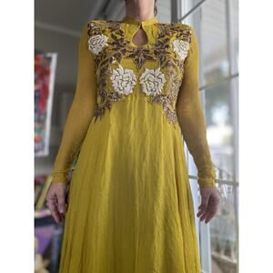Mustard Yellow Gold Embroidered Anarkali Maxi Dress Wedding Party Gown S